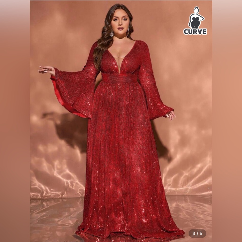 Red Long Sleeve V-Neck Sequin Floor-Length Plus Size Evening Gown